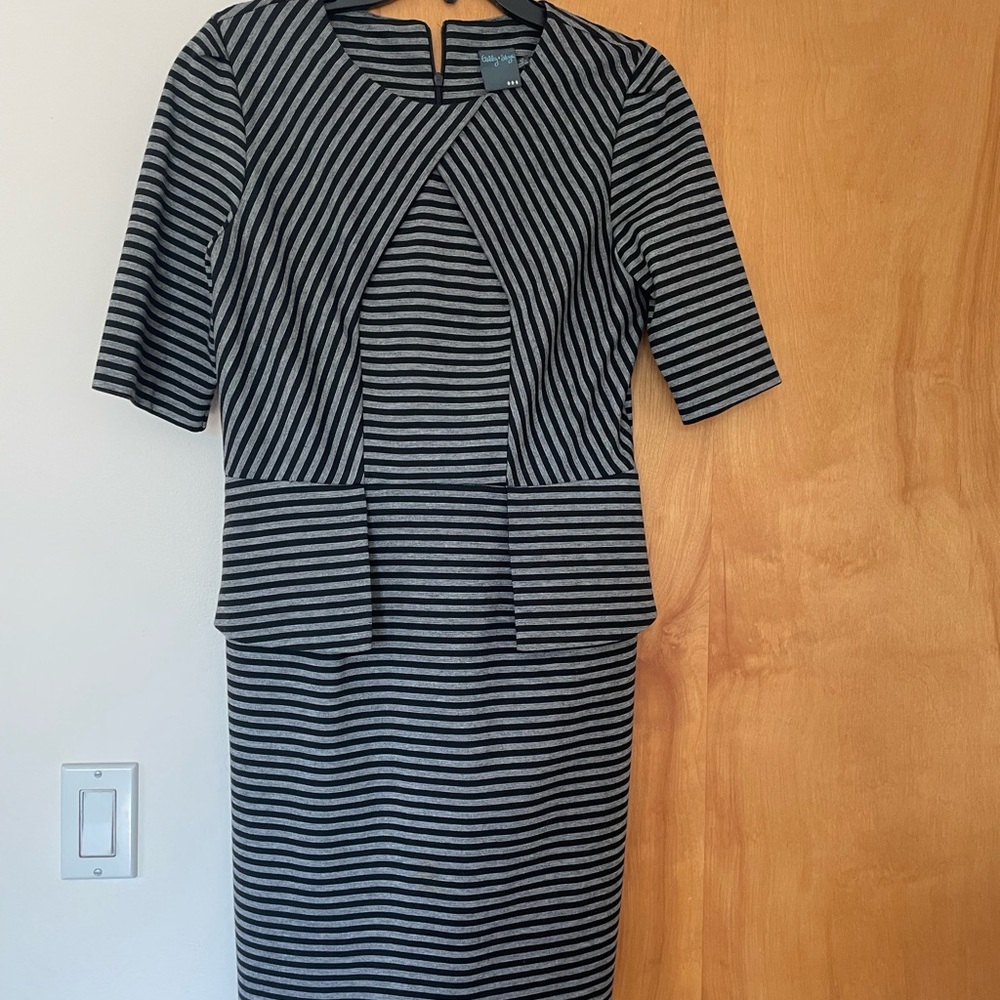 Gabby Skye Black and Gray Striped Long Sleeve Dress